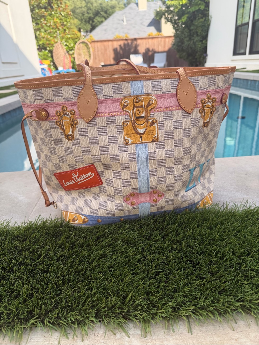 Auth Louis Vuitton Neverfull MM Summer Trunks Damier Azur Canvas Shoulder Bag